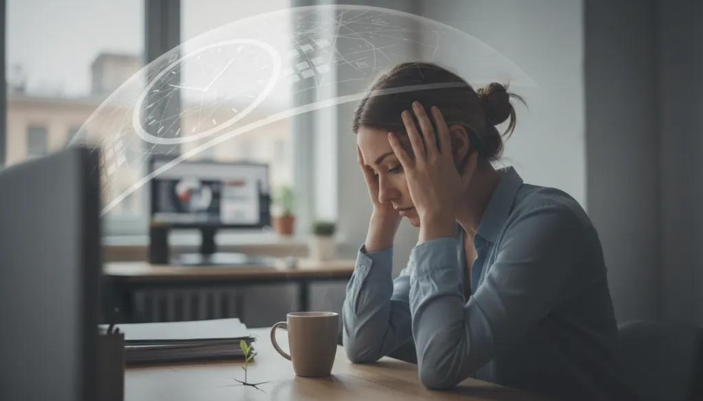 Pessoa visivelmente exausta e sobrecarregada em um ambiente de trabalho, representando a síndrome de burnout.