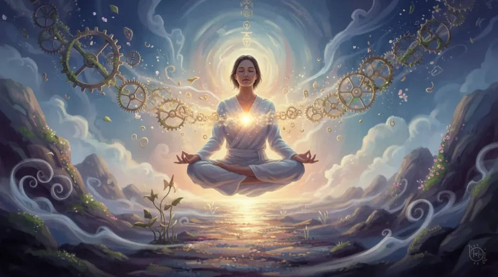Pessoa meditando com luz interior, simbolizando o autoconhecimento e a transformação pessoal.