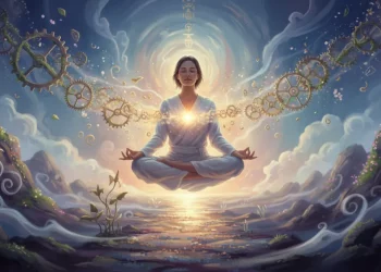 Pessoa meditando com luz interior, simbolizando o autoconhecimento e a transformação pessoal.