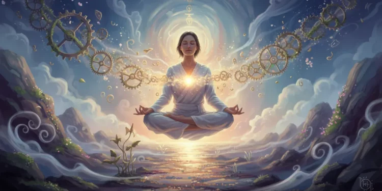 Pessoa meditando com luz interior, simbolizando o autoconhecimento e a transformação pessoal.