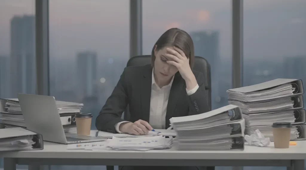 Funcionário sobrecarregado por excesso de responsabilidade e burnout.