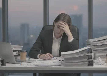 Funcionário sobrecarregado por excesso de responsabilidade e burnout.