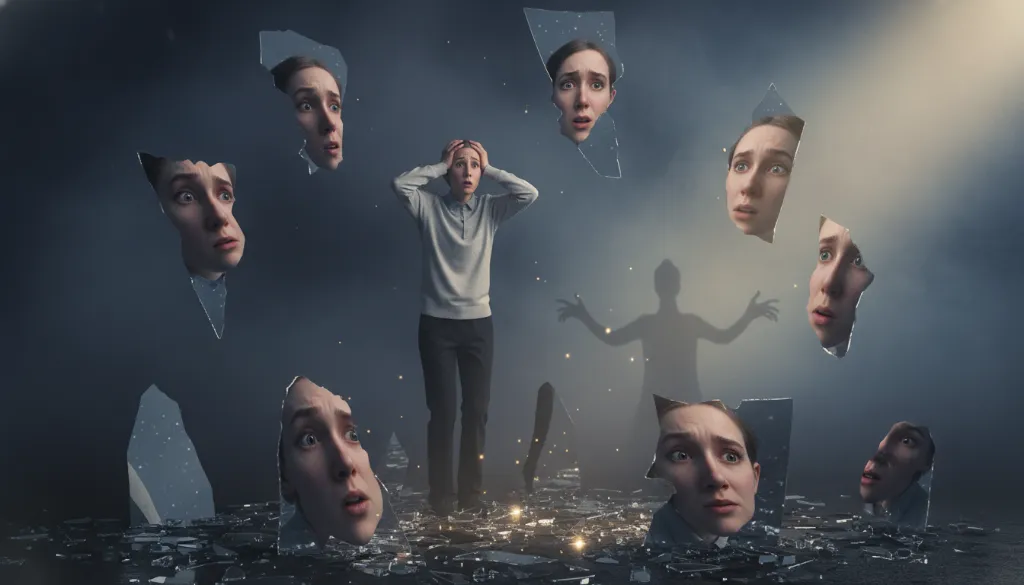 Pessoa confusa olhando para reflexos distorcidos, representando a manipulação psicológica do gaslighting e a perda da percepção da realidade.