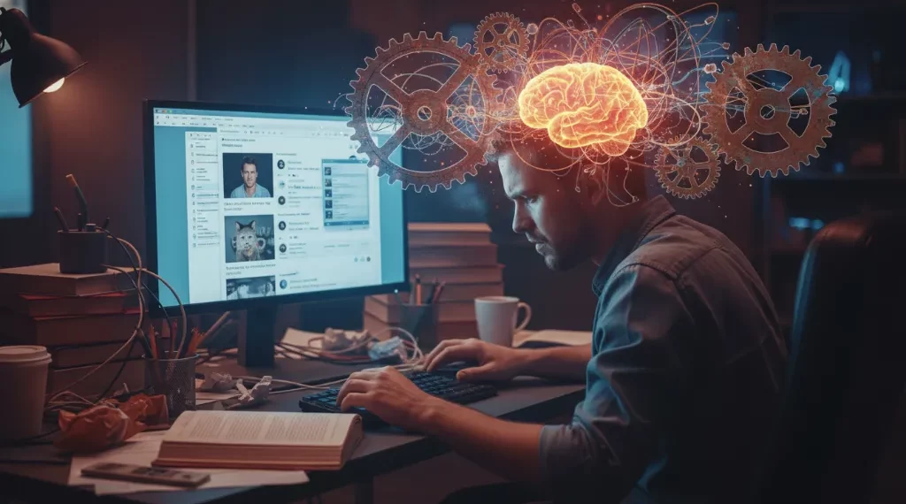 Pessoa procrastinando em frente ao computador com expressão de frustração