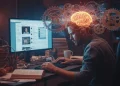 Pessoa procrastinando em frente ao computador com expressão de frustração