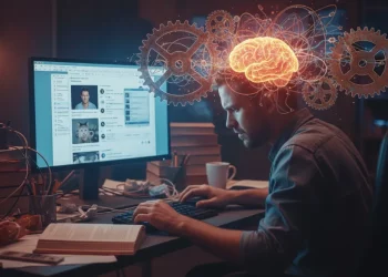 Pessoa procrastinando em frente ao computador com expressão de frustração