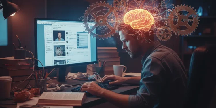 Pessoa procrastinando em frente ao computador com expressão de frustração