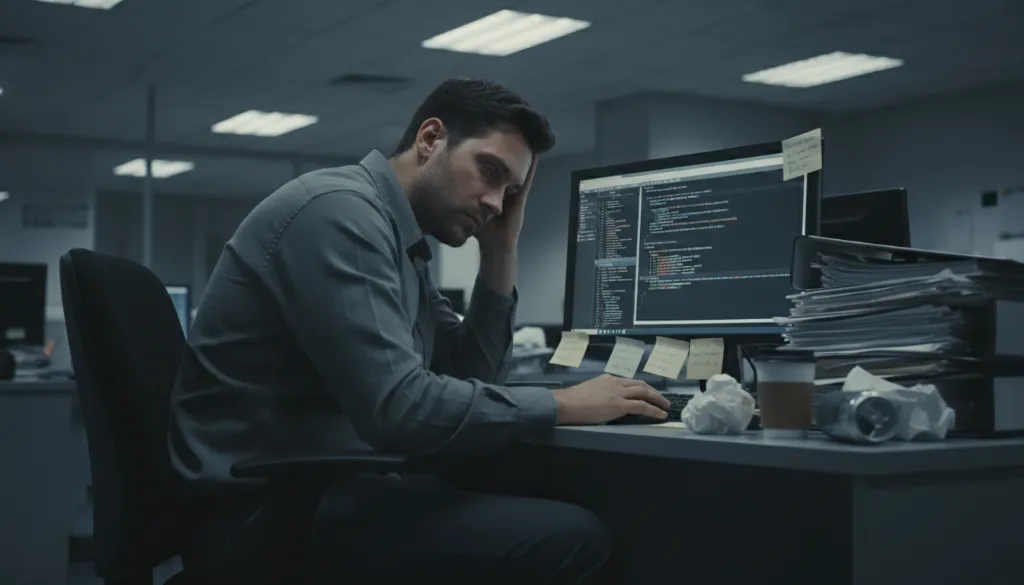 Pessoa exausta no trabalho, representando a síndrome de burnout e esgotamento profissional.