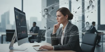 Pessoa com expressão de dúvida e ansiedade, em ambiente profissional, representando a síndrome do impostor.